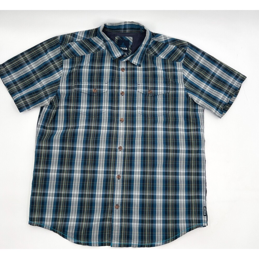prAna Shirt Men Extra Large Blue Plaid Button up Short Sleeve Outdoor Logo